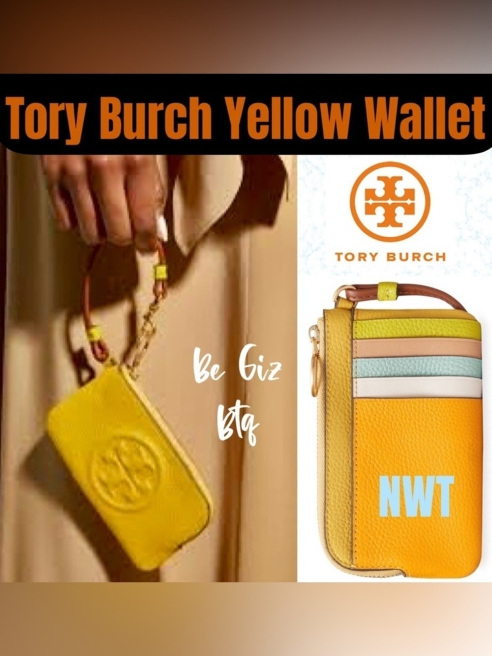 🔥🔥Tory Burch Authentic Leather Color Block Zip Card Case Yellow NWT